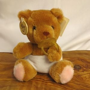 Vintage Russ Baby Bibi Stuffed Animal Brown Bear with Tags Pacifier & Diaper 6"